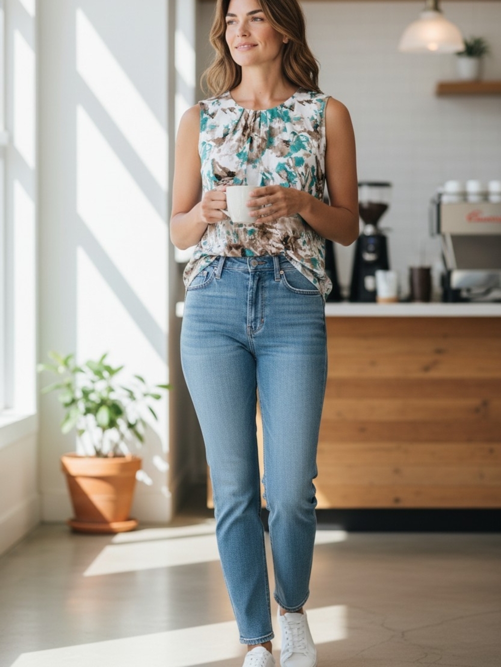 Calvin Klein Sleeveless Abstract Print Blouse in Teal and Gray And White